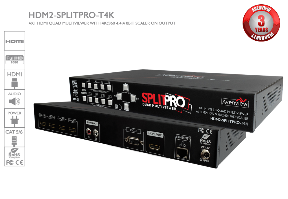 4x1 HDMI 2.0 Quad Multiviewer with 4K@60 UHD Scaler - Avenview